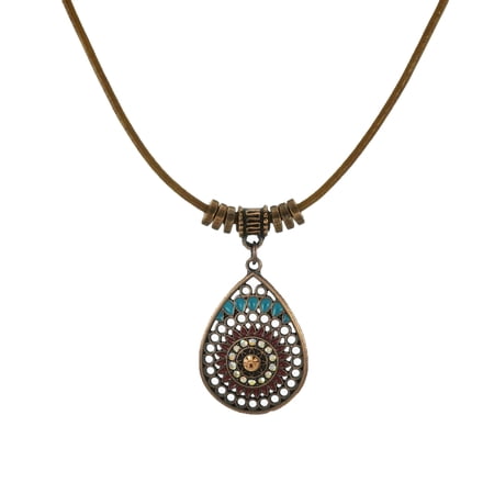 Boho Vintage Style Colorful Copper Teardrop Tan Leather Cord Necklace - 18 inch