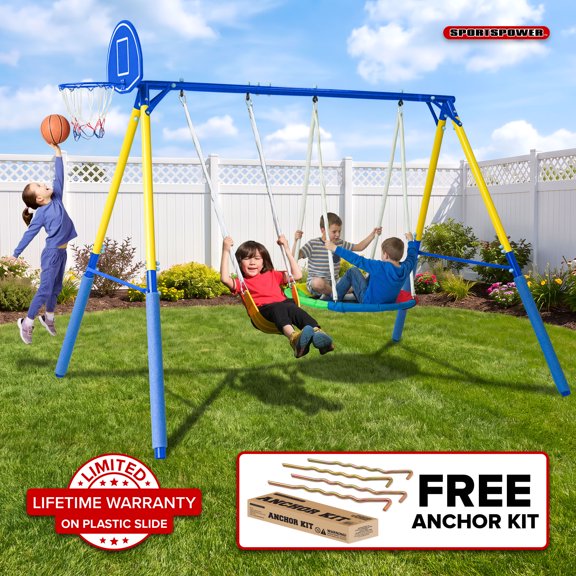 Sportspower Ventura Metal Swing Set for Kids Aged 3-8, Outdoor Backyard Playset with 2-Person Saucer Swing, Sling Swing, Basketball Hoop & Backboard, & Bonus Anchor Kit
