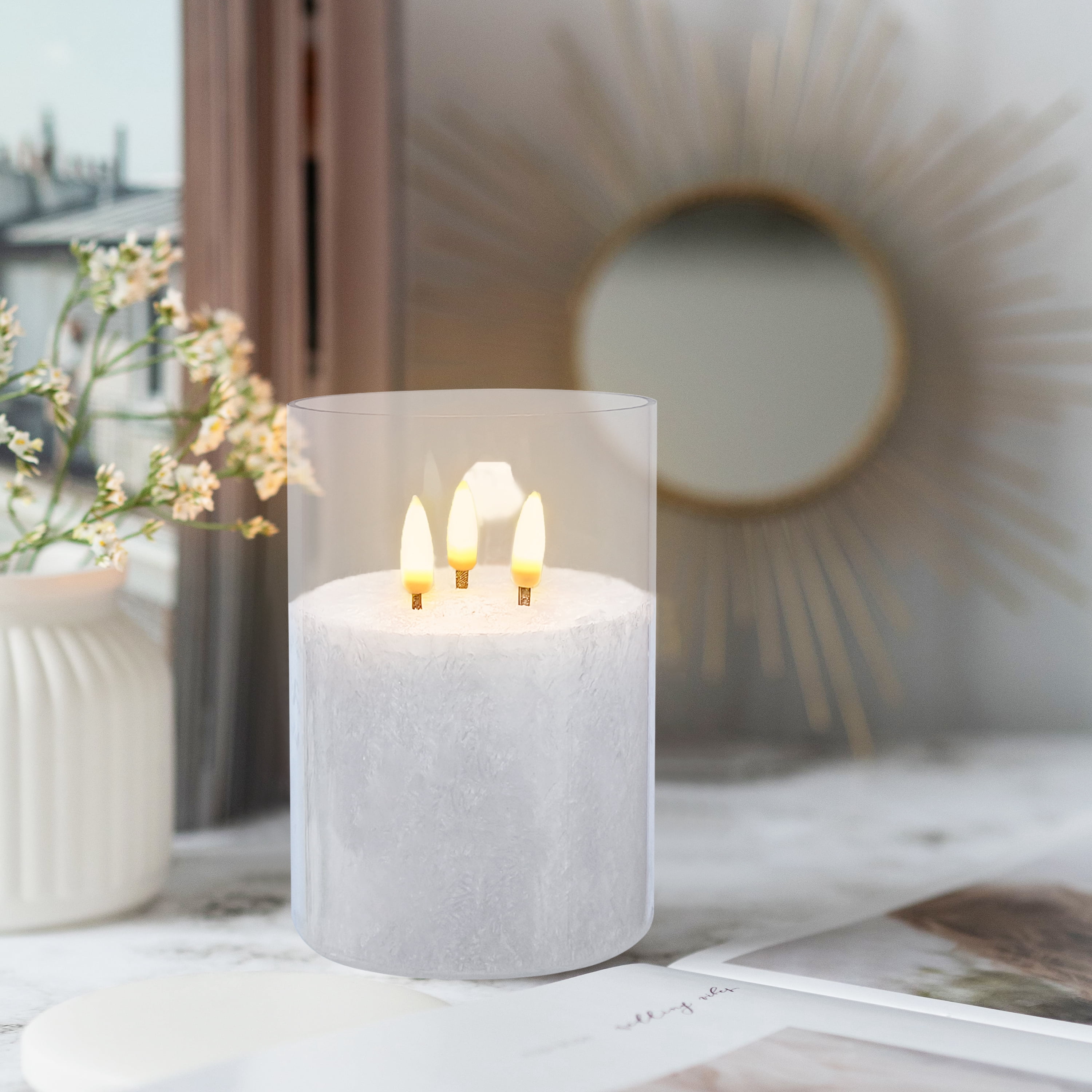 FCMSHAMD 5Inch Flameless Candle with 3 Wicks, Glass LED Pillar Candle, Real Wax Battery Operated Candle with Remote Control and Timer, White