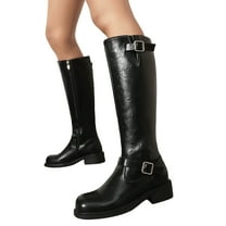 Knee High Boots Women Retro Leather Long Motorcycle Boots Round Toe Low Heel Trendy Buckle Zip up Fall Winter Mid Calf Booties