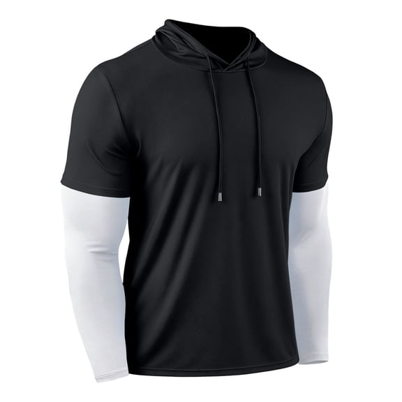 Mrmaere Layered Hoodie T-Shirt Men Casual Long Sleeve Top With Drawstring for Gym Black L