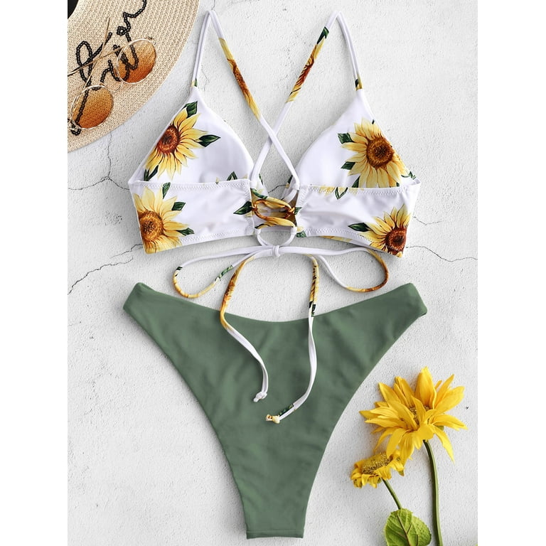 Zaful for Women Sunflower Print Lace up Crisscross Bikini Set Camouflage Green L