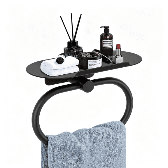 DESIGNICE Hand Towel Ring with Shelf, Stainless Steel Hand Towel Holder, Heavy Duty Bath Accessories, Wall Mounted Towel Hanger for Bathroom Kitchen (Matte Black)