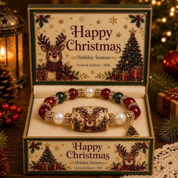 Limited Edition 2026 Christmas Magic Collection Bracelet,2026 Ruby Reindeer Christmas Pearl Bracelet,Gold-Tone Accents for Family Gatherings & Festive Selfies