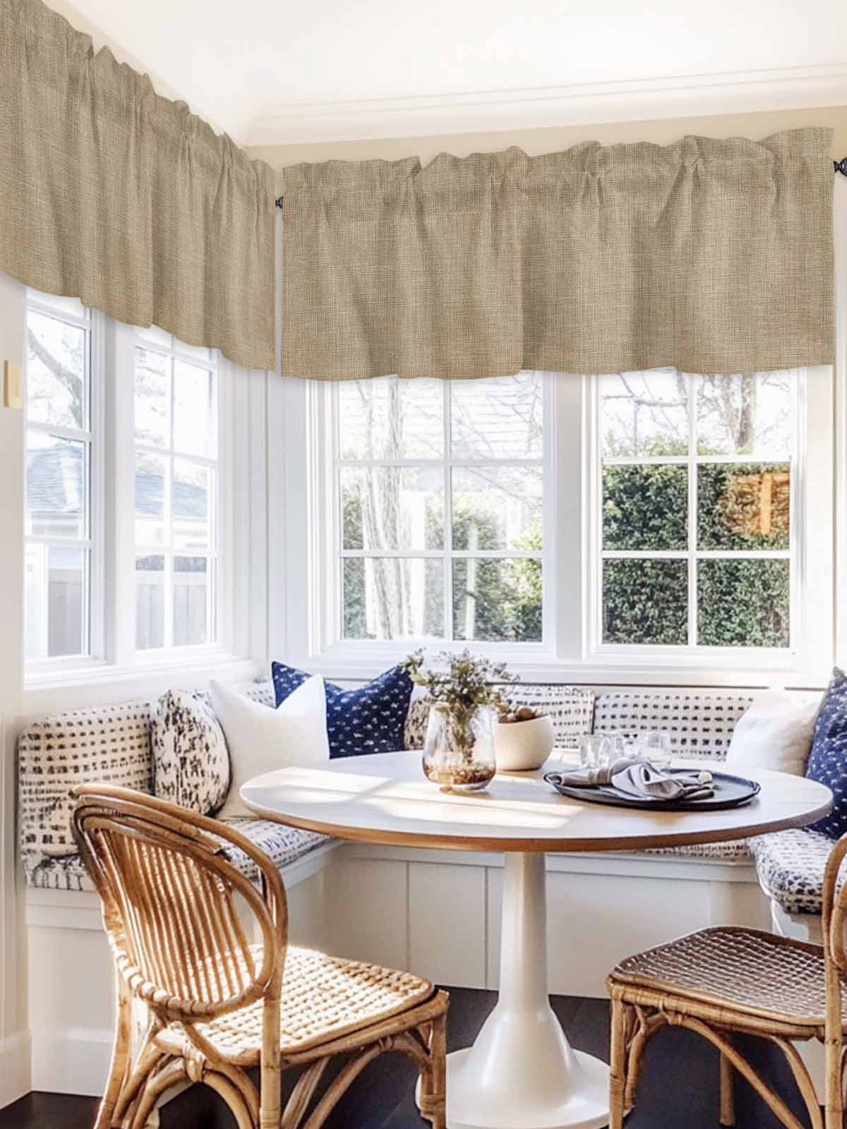2 Panels Beige Valance for Windows, Farmhouse Burlap Solid Brown Color Modern Linen Texture Light Filtering Kitchen Curtains, Rod Pocket Window Treatment Curtain Valances for Living Room, 42"x18"