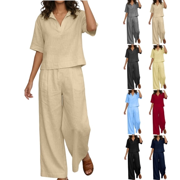 Feancey Vacation Outfits for Women 2 Piece Set Linen Short Sleeve Laplel V Neck Top and Elastic Waist Pant Lounge Sets Solid Color Loose Travel Outfit with Pockets Beige 3XL