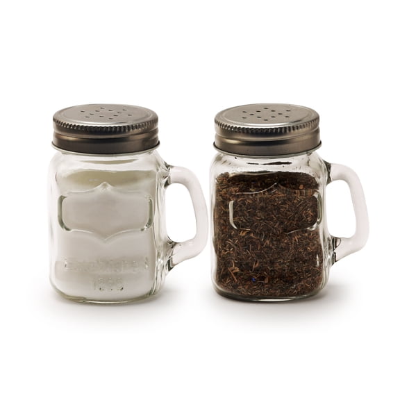 Circleware Yorkshire Clear Glass Mason Jar Salt and Pepper Shakers with Handles & Metal Lids, Kitchen Glassware Preserving Containers, Perfect Himalayan Seasoning Spices, 2-Piece Set, 5 oz