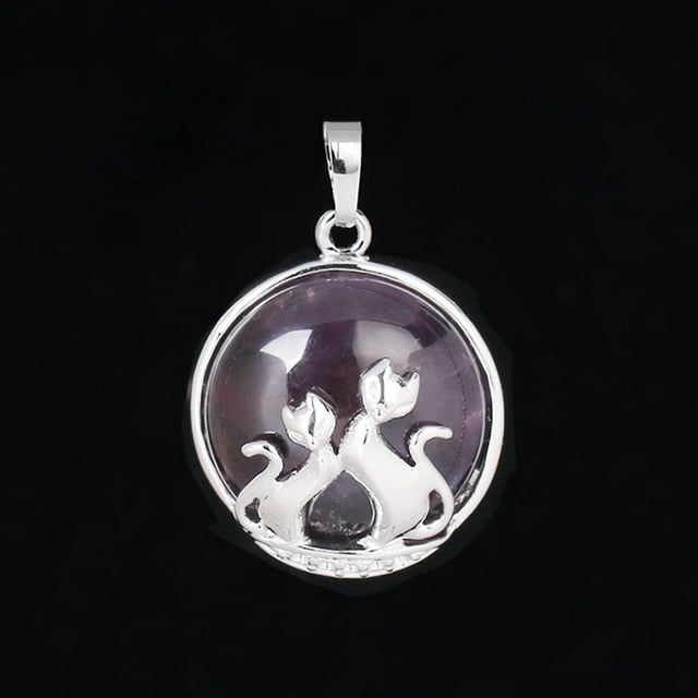 Pendentif Chat pour Collier Pierre Naturelle Perles Rondes Plates Pendentif Cœur d'Amour Femmes