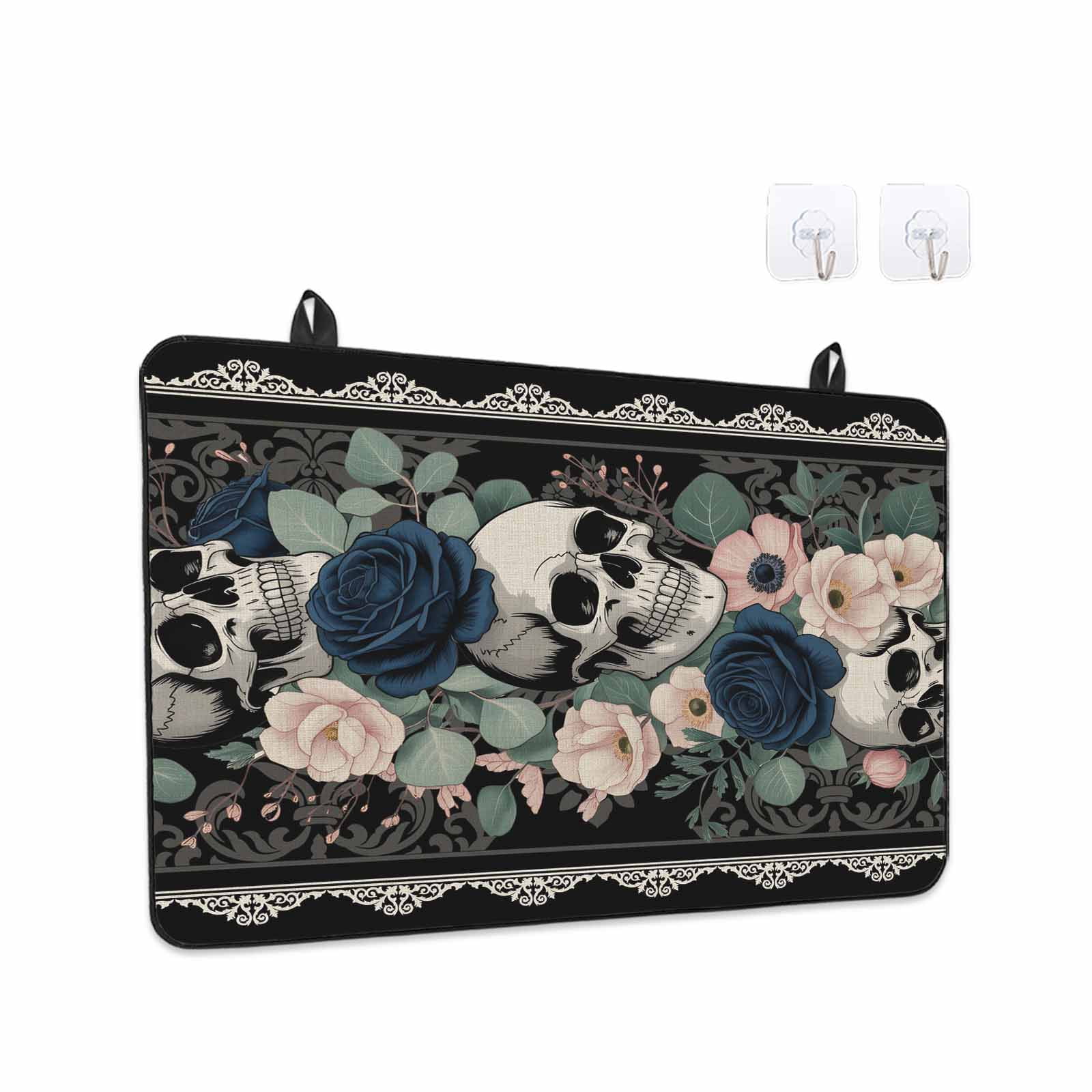 Halloween Stove Top Cover for Electric Stove, Heat-proof & Non Slip Glass Top Stove Cover Protector, Boho Horror Skull Flower Leaf Black Kitchen Flat Cooktop Rubber Mat 24x21 Inches