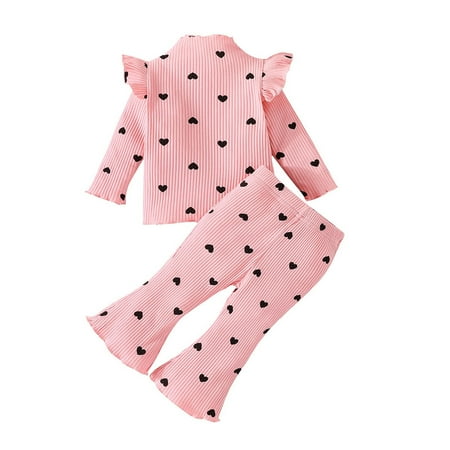 

Lovskoo 3M-2T Toddler Little Baby Girl Ribbed Knit Clothes Ruffle Long Sleeve Top Flare Pants Outfit Winter Spring Clothes Set Pink