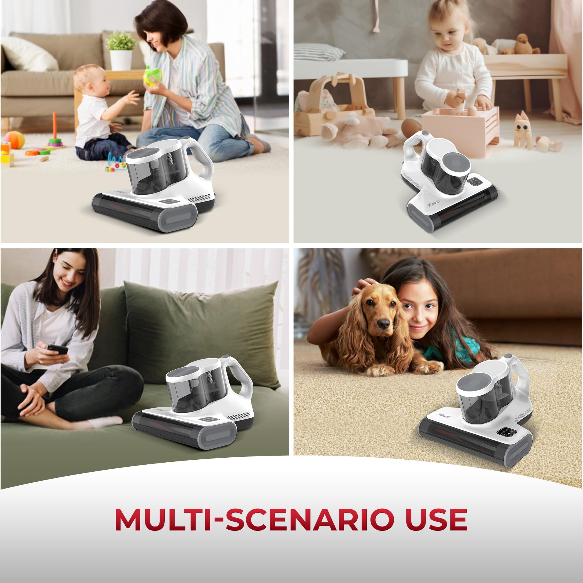 Rosewill Mattress Vacuum Cleaner: 450W 16Kpa Strong Suction, 253.7nm UV-C Light, Ultrasonic & High Heating Tech, Dual Dust Cup for Sofa/Bed/Pillow/Carpet/Pet Hair - Corded (White Grey) - RHVC-24001