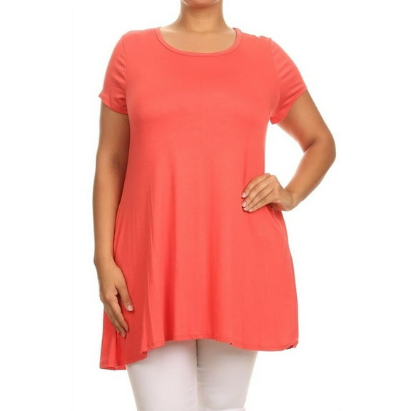 Women's Plus Size trendy style casual solid short sleeve side pocket tunic top