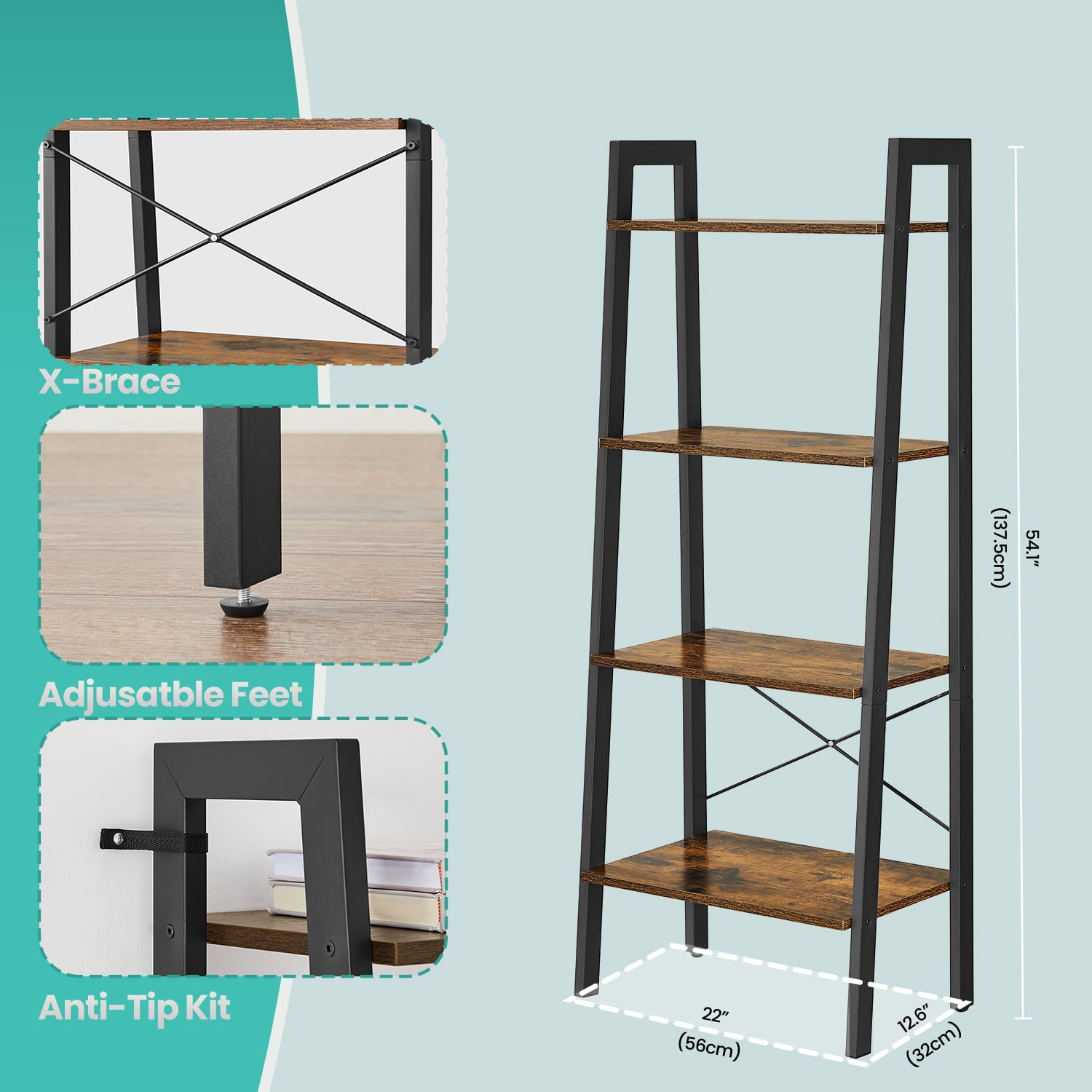 LEDREM 4-Tier Ladder Shelf Heavy Duty Storage Shelf with Steel Frame, Storage Rack Bookshelf for Home, Office, Rustic Brown and Black