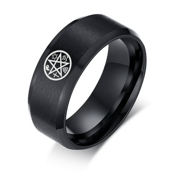 Sacred Pentacle Pentagram Jewelry - Religious Multi-faith Amulets Black Matte Finger Ring - Star of David Cross Triquetra Yin Yang Om Symbol Plain Band for Men Women, #6