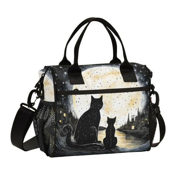 ALAZA Cat in Night with Moon Insulated Lunch Bag Reusable Tote Box Adjustable Shoulder Strap for Work Picnic