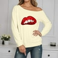 thumbnail image 2 of Tshirts for Women's Long Sleeve Off Shoulder Sweatshirt Lips Printed Crewneck Pullover Hoodless Casual Tops for Fall Winter Valentine's Day A-Beige L, 2 of 4