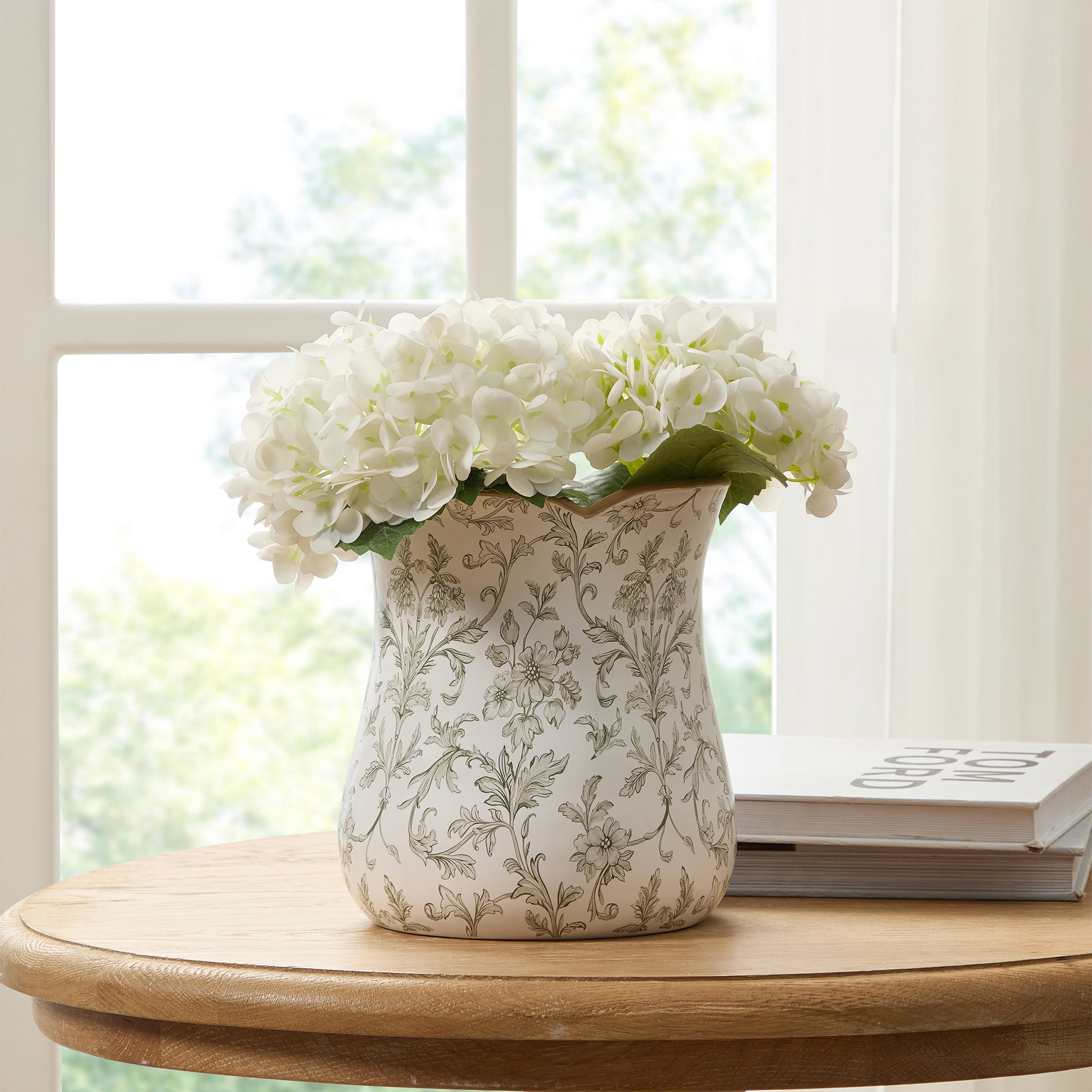 My Texas House 8 in White/Green Floral Scallop Trim Ceramic Vase