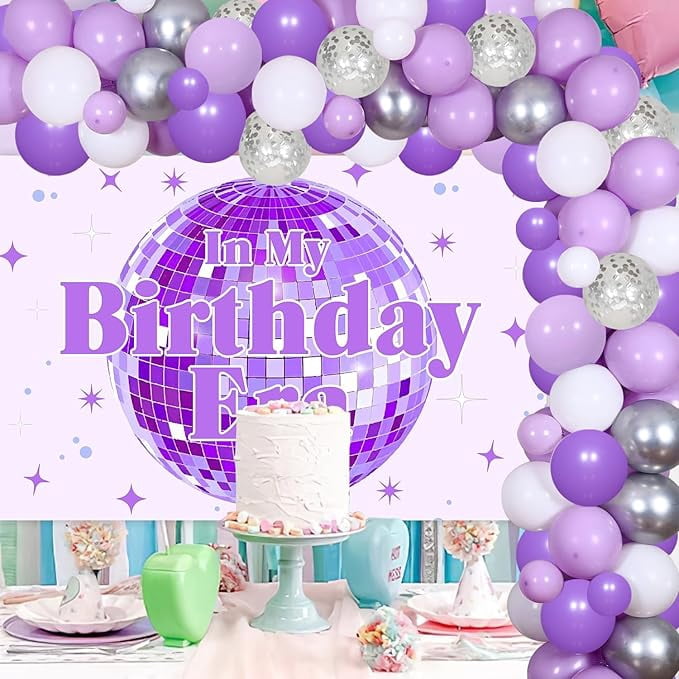 In My Birthday Era Party Decorations Purple Disco Ball Birthday Party Decor Balloon Garland Arch Kit Star Disco Ball Backdrop for Girl Women Music Themed 21st Birthday Party Decor Supplies