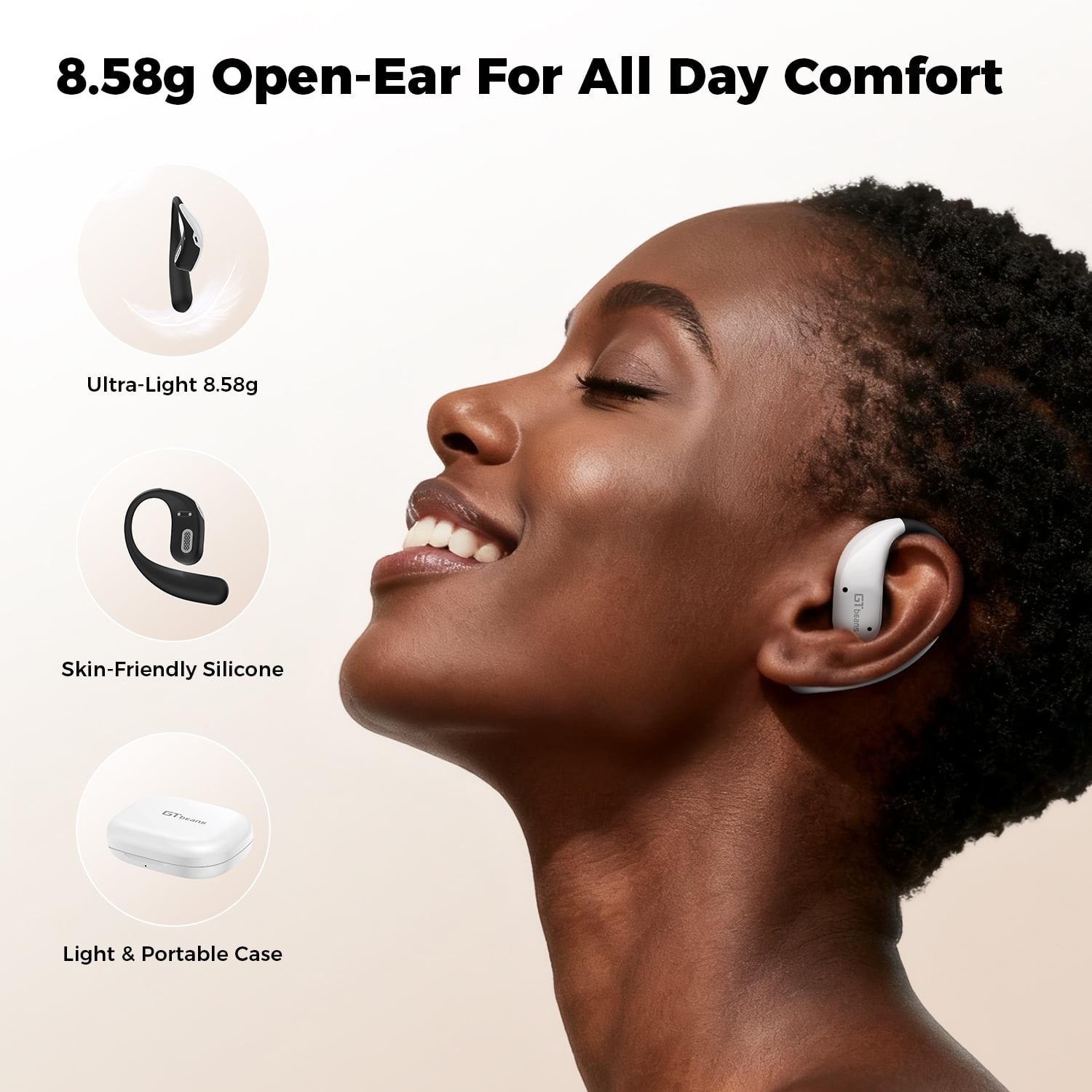 GTbeans E20 Open-Ear Earphones OWS Ear Hooks Wireless Bluetooth 6.0 Headphones IP55 Waterproof 56 Hrs Playtime 4 Mic Clear Call Sports Earbuds, White