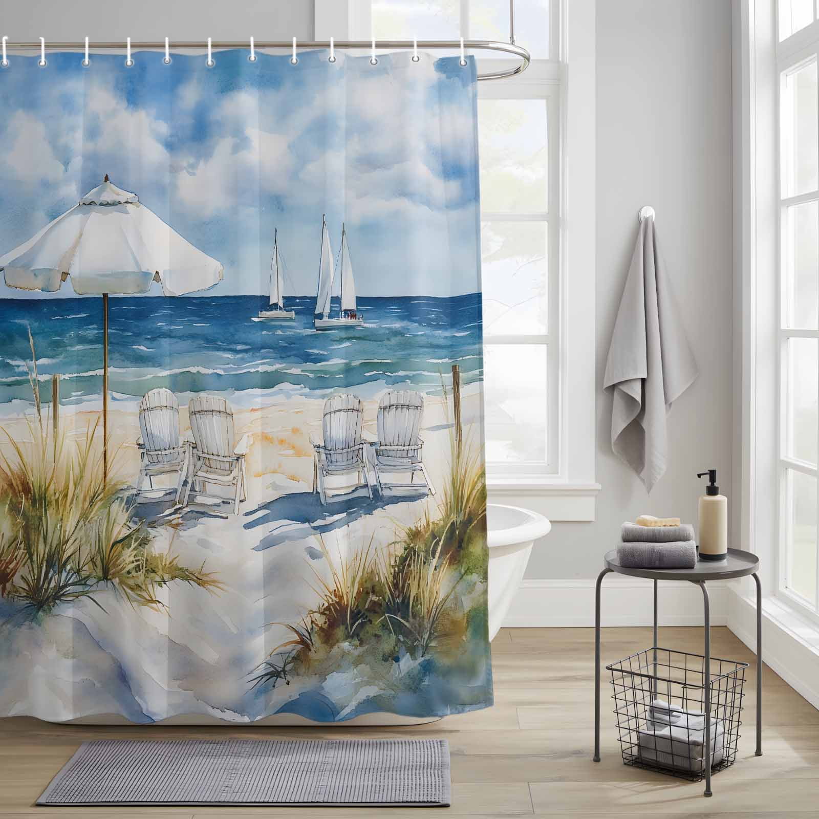 Summer Scenery Shower Curtains for Bathroom, Beach Chair Washable Fabric Shower Curtain with Hooks Waterproof Bathroom Decor Sets, 36 x 72 Inches