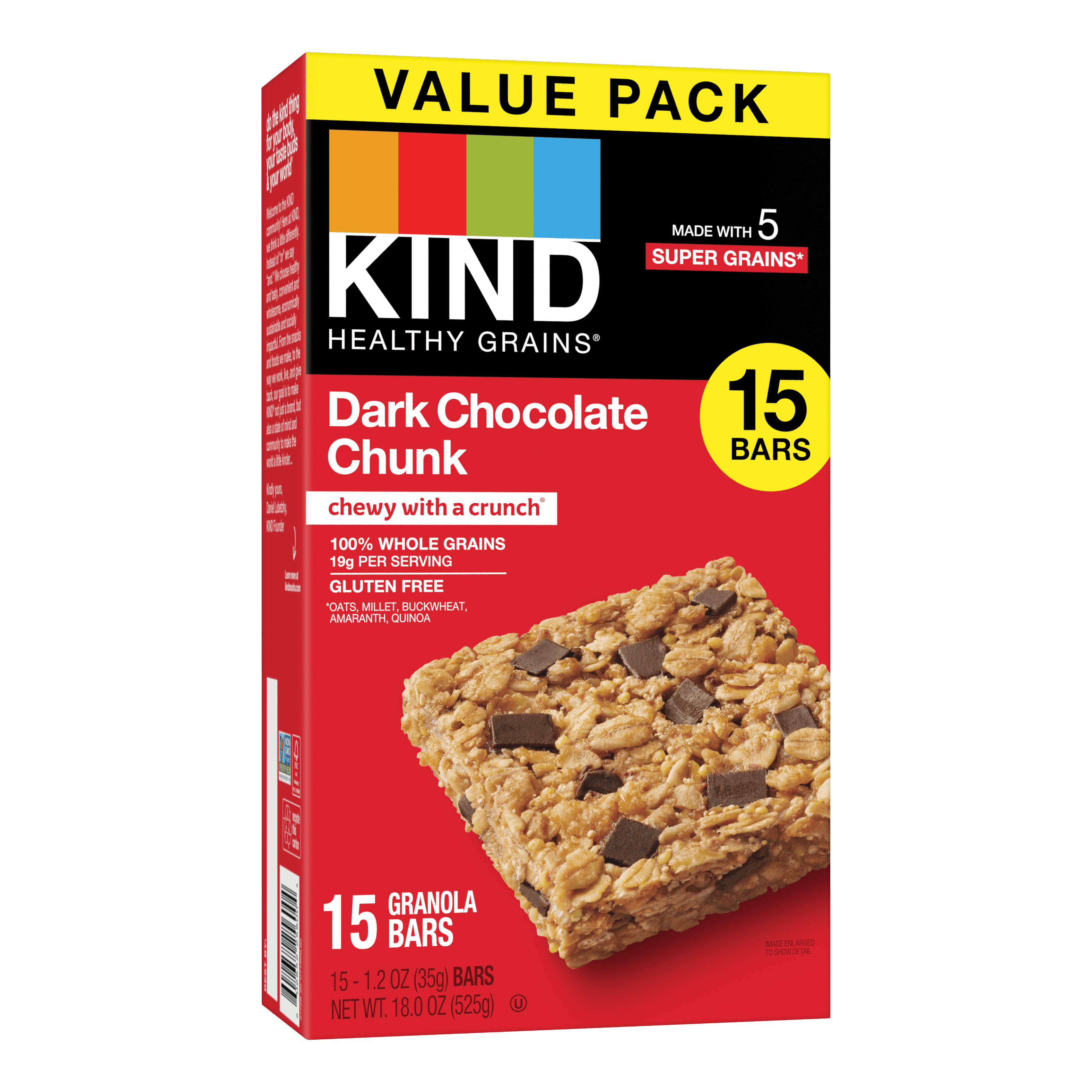 KIND Bars, Dark Chocoloate Chunk Healthy Grains Bar, Gluten free, 1.2 oz, 15 Snack Bars