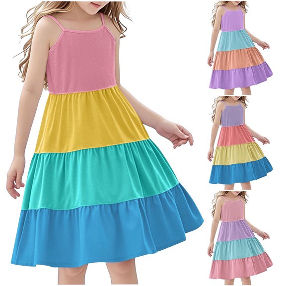 Piuwrlz Girls Summer Dresses Girl Casual Play Dresses Pleated Skirts Yellow Size 7 Years