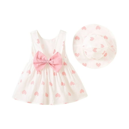 QTOCIO Toddler Girls Dresses, Baby Girl Summer Clothes, Toddler Kids Baby Girls Fashion Cute Sleeveless Sweet Heart Print Bowknot Dress Hat Set, Pink, 2 Years