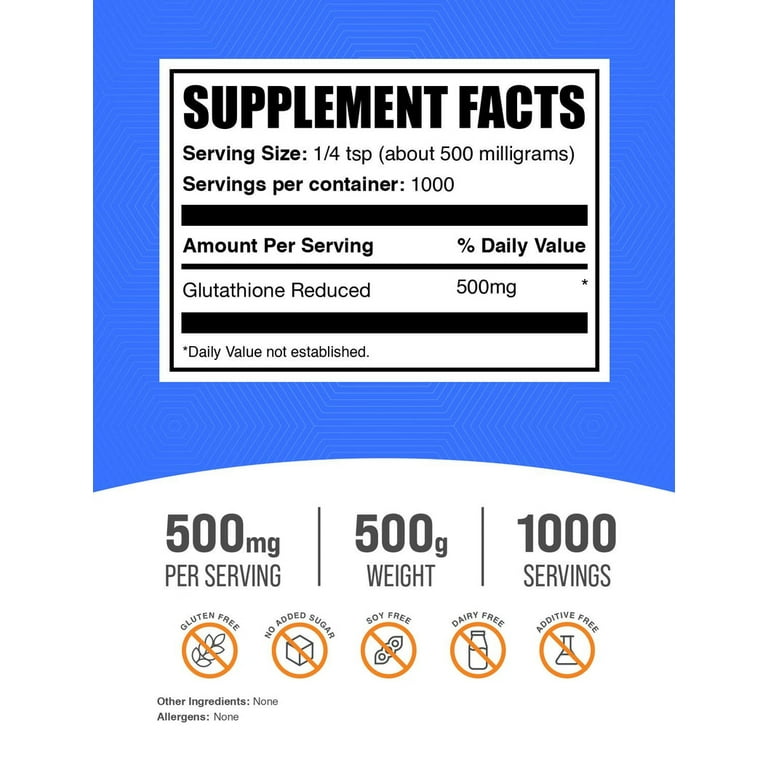 BulkSupplements Glutathione Powder - Reduced Form, 500mg per Serving - 50  Grams (1.8 oz) - 100 Servings