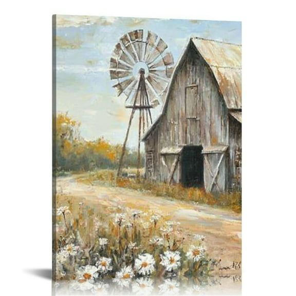 LHONGY Rustic Farmhouse Wall Art: Country Picture Decor Barn Windmill Print Farm Scene Painting Rural Countryside Artwork 12x16 in