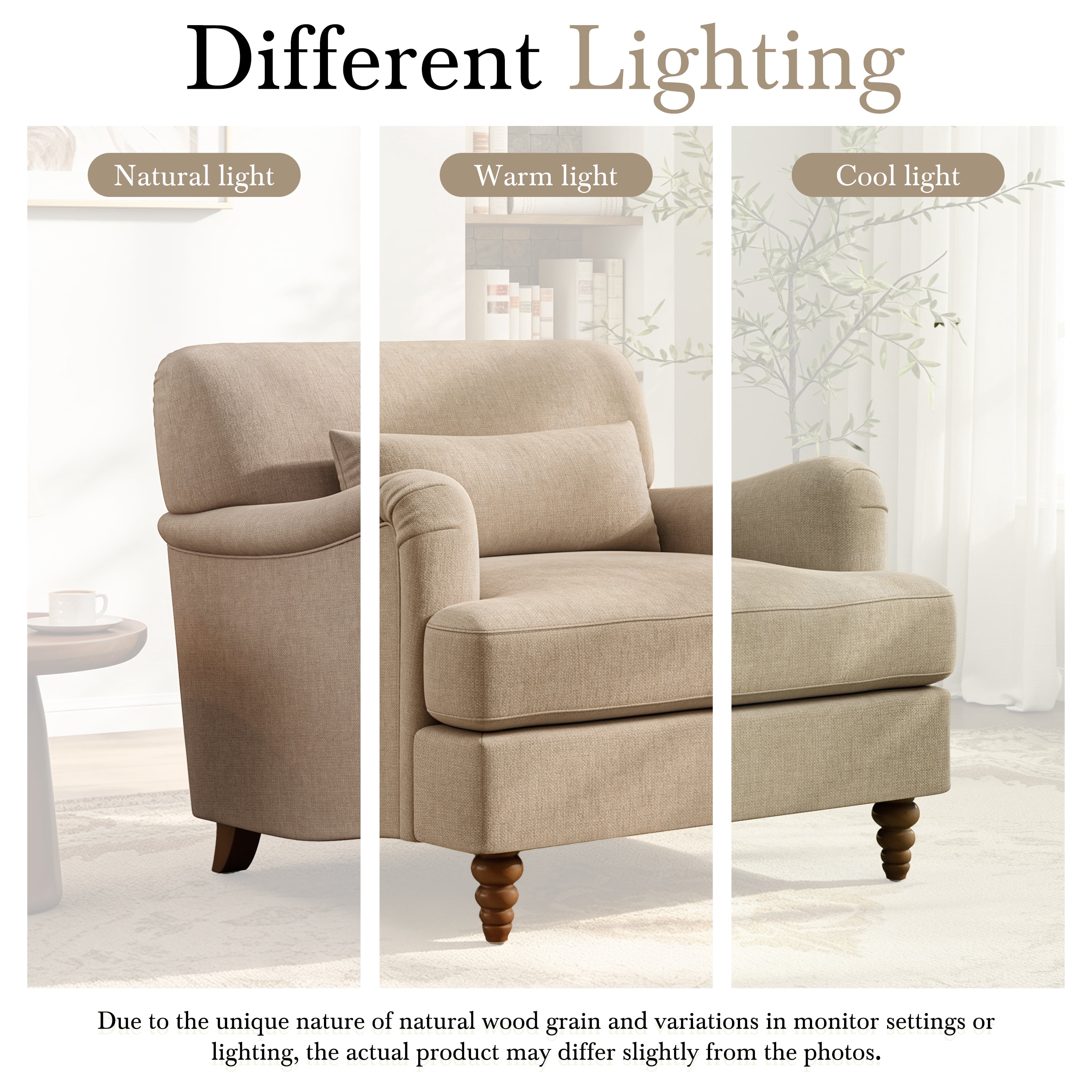 GARITIN Oversized Accent Chair 40.5 Inch, Modern Upholstered Armchair with Lumbar Pillow and Turned Wood Legs for Living Room, Light Brown