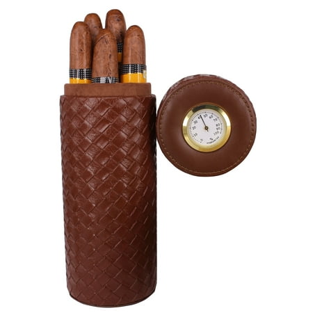 AMANCY Quality Brown Leather Cigar Humidor Case, Cigars Jar Tube with Hygrometer ?Holding Up to 5