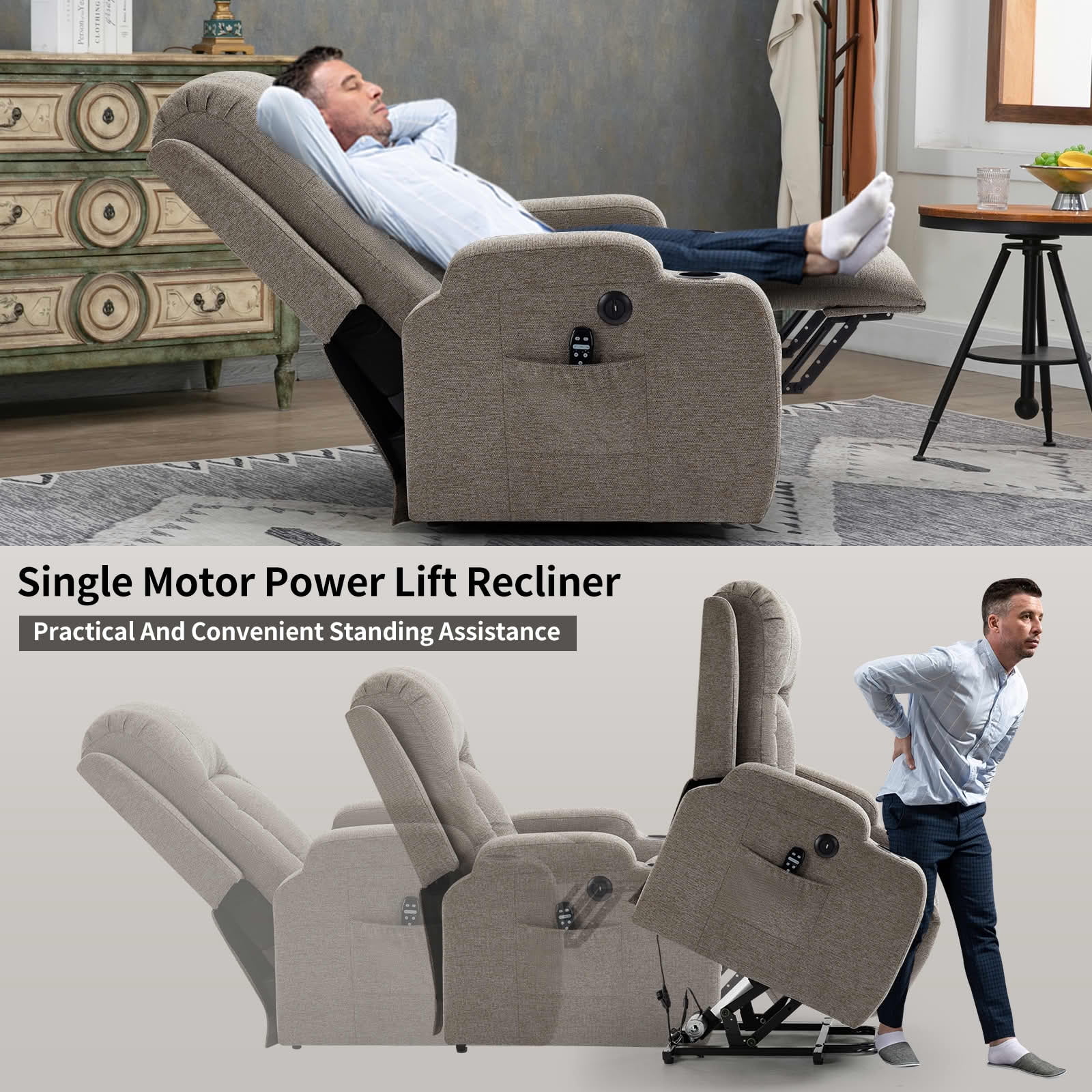 MAYEERTY Beige PU 350lbs Power Lift Recliner Chair, 8-Point Massage Heat USB Cup Holders 40"x36"x45" for Elderly