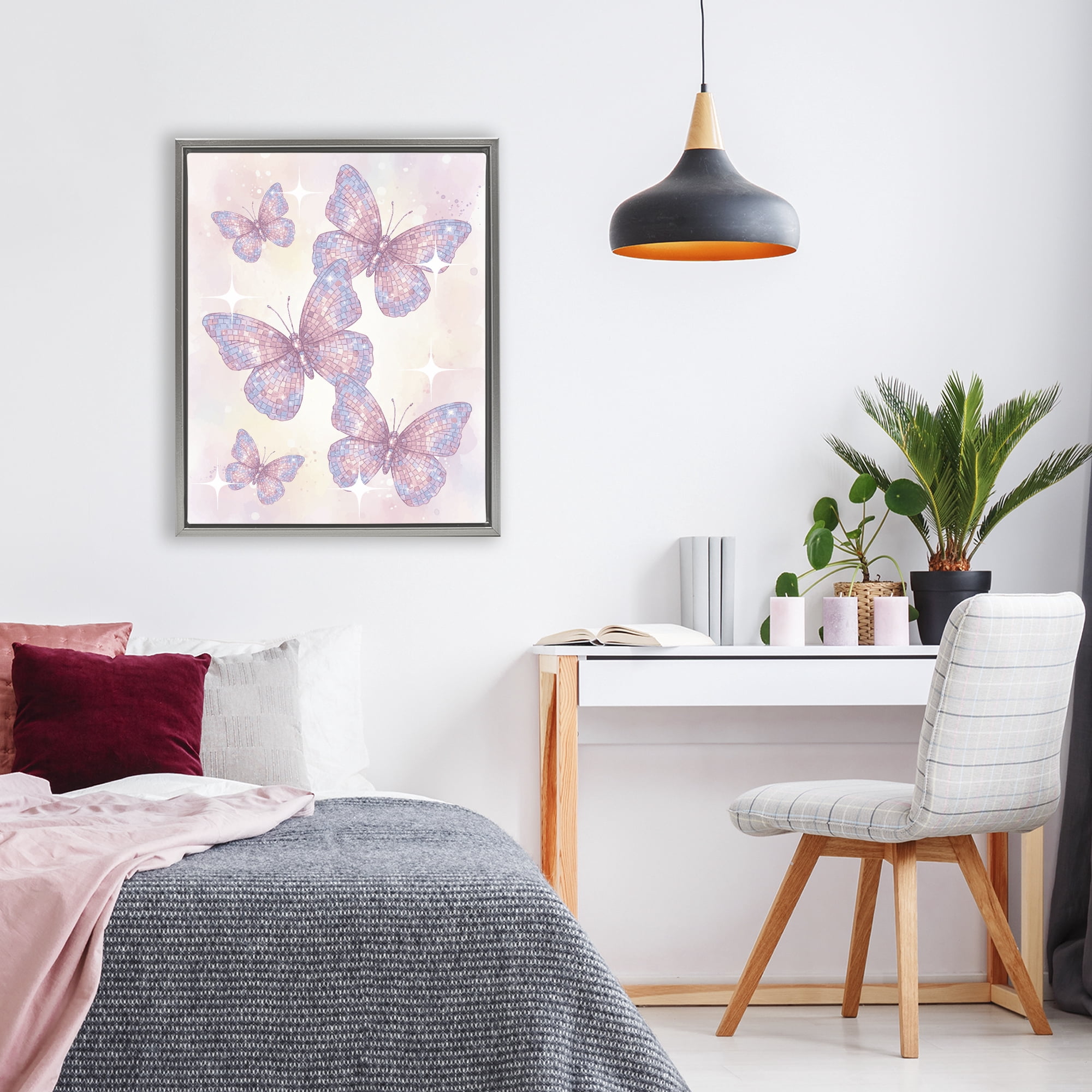 Stupell Industries Delicate Disco Butterfly Dance Gray Framed Floater Canvas Wall Art, design by Lil' Rue
