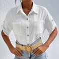 thumbnail image 3 of Women Casual Business Shirt Half Sleeve Turn Down Collar Single Breasted Chest Pockets Loose Top White M, 3 of 6