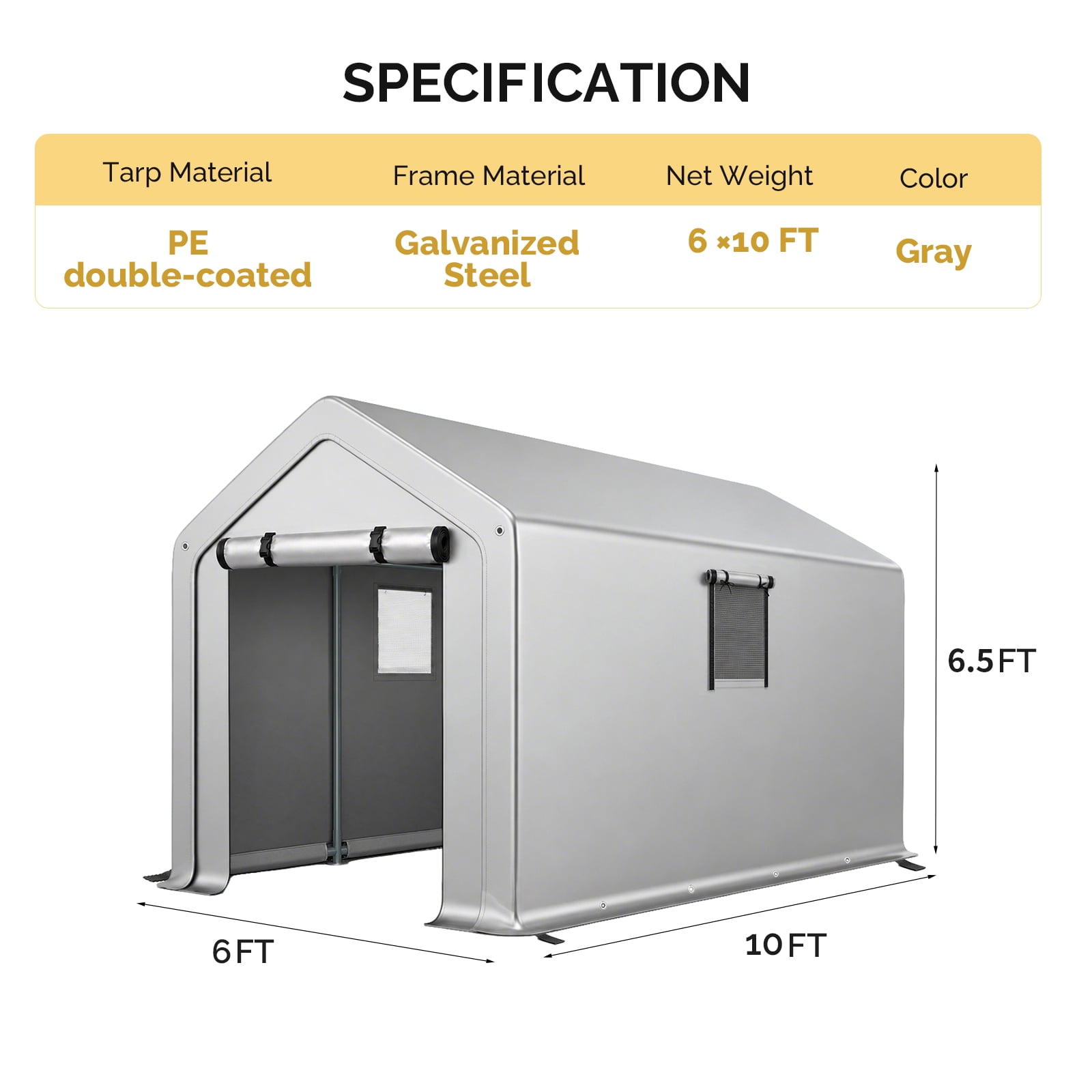 6x10 FT Storage Shed with 2 Roll-up Windows, Heavy Duty Bike Tent