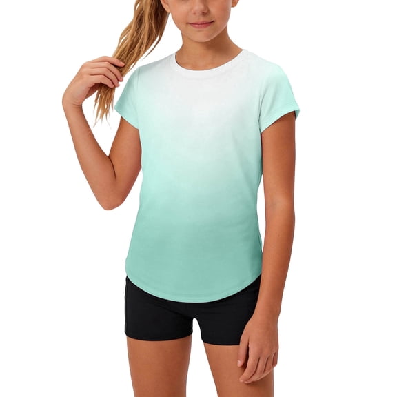 Girls Mint Green Ombre Athletic Shirt Quick Dry Moisture Wicking Short Sleeve Crewneck T-Shirt for Kids,Size 6 T
