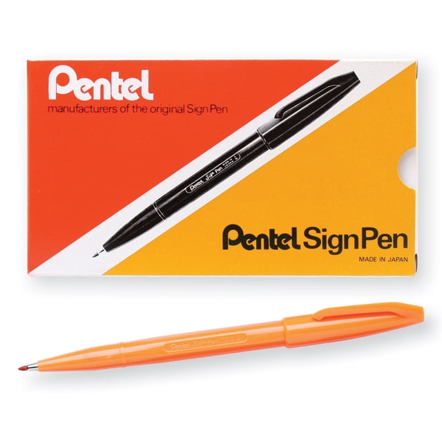 Pentel Sign Pen, marcador de punta de fibra, tinta naranja, caja de 12 (S520-F)
