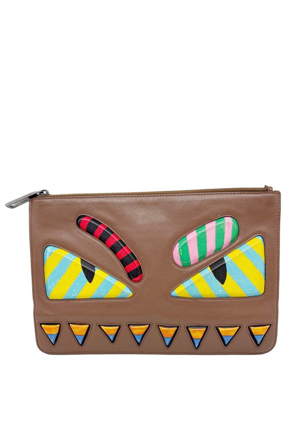 Pre-Owned Fendi Vitello Century Monster Eyes Leather Pouch Brown