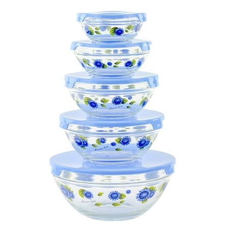 Amber Ice Glass Bowl - Blue Flowers Glass Bowls Set of 5