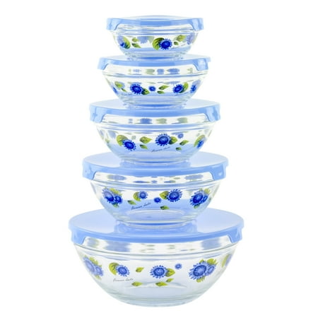 Blue Flowers Glass Bowls Set of 5 (Best Glass Bowls For Weed)