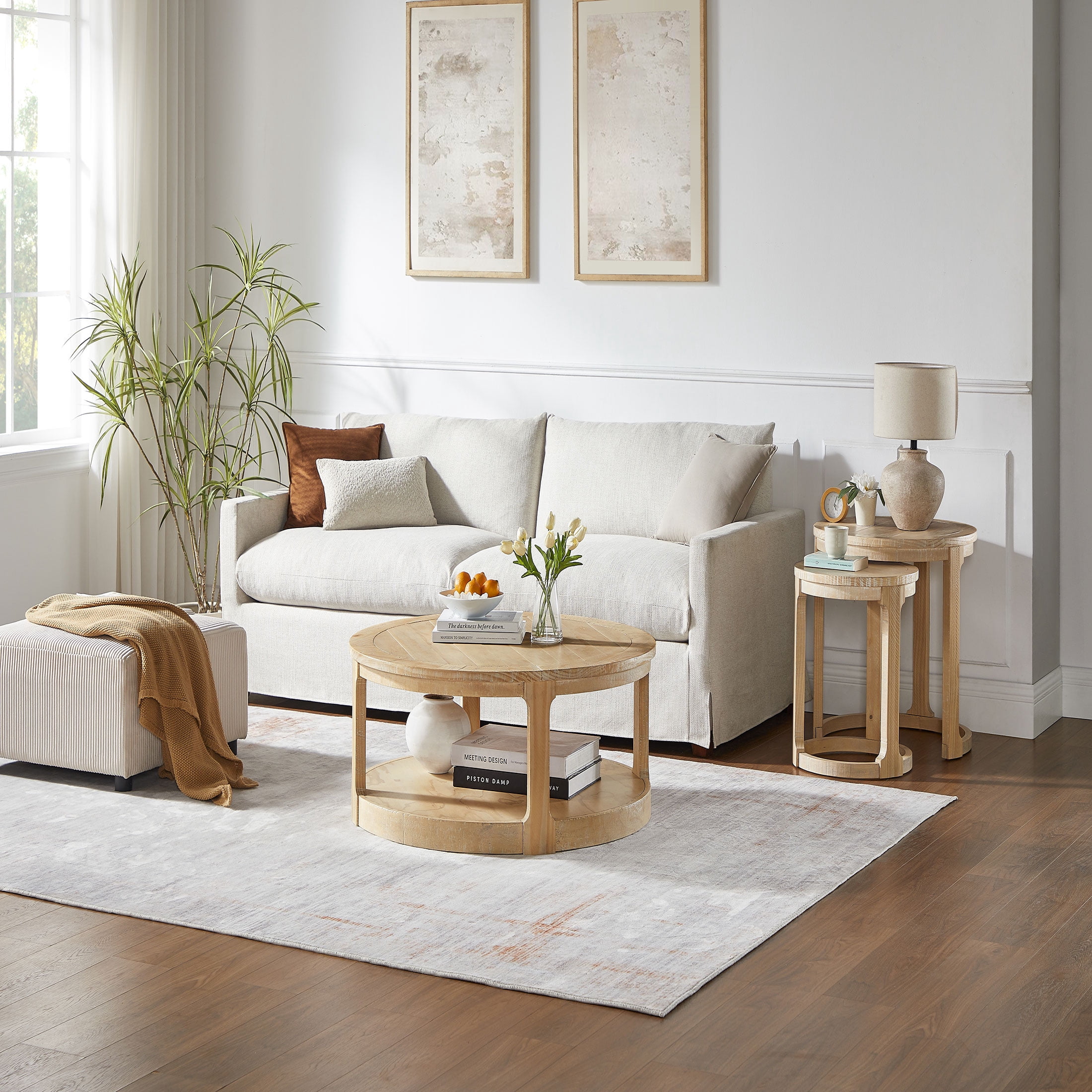 Kevinplus 2 Tier Coffee Table,Traditional Round Circle Wooden Table with Wheels for Living Room, Office, Apartment, OAK