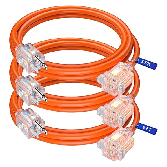 Extension Cord 6 Feet (3 Pack) Heavy Duty Outlet Saver, ETL Listed, 16AWG/13A, 3 Prong - Clear Lighted Female End, Orange