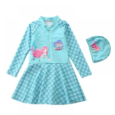 

GYRATEDREAM Toddler Baby Girl Long Sleeve UPF 50+ One Piece Rash Guard Set with Cap 3-10 Years