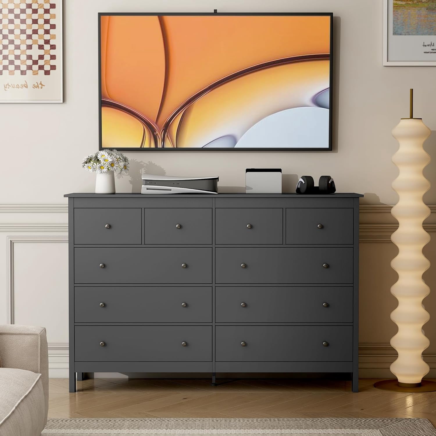 Akaber 10 Drawer Dresser, 55" Modern White Dressers, Chest of Drawers, Wooden Wide Dresser for Bedroom, Living Room, Black