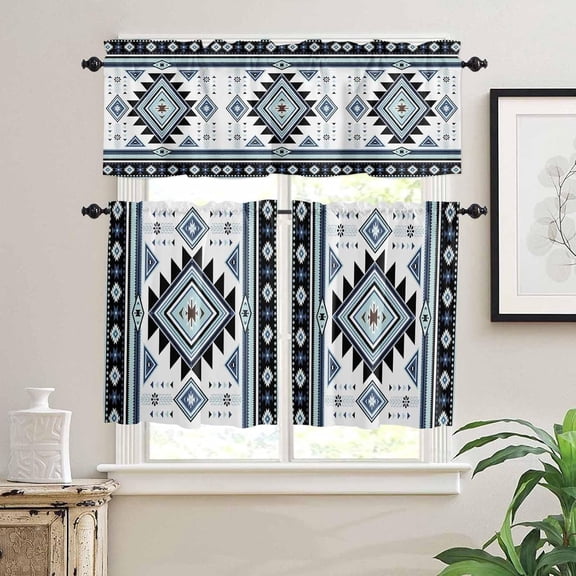 Kitchen Curtains Set, Blue Western Kitchen Curtains and Valances Set, Ethnic Boho Geometric Abstract Southwest Rod Pocket Tier Curtains 36 Inch Length for Cafe/Bedroom Windows