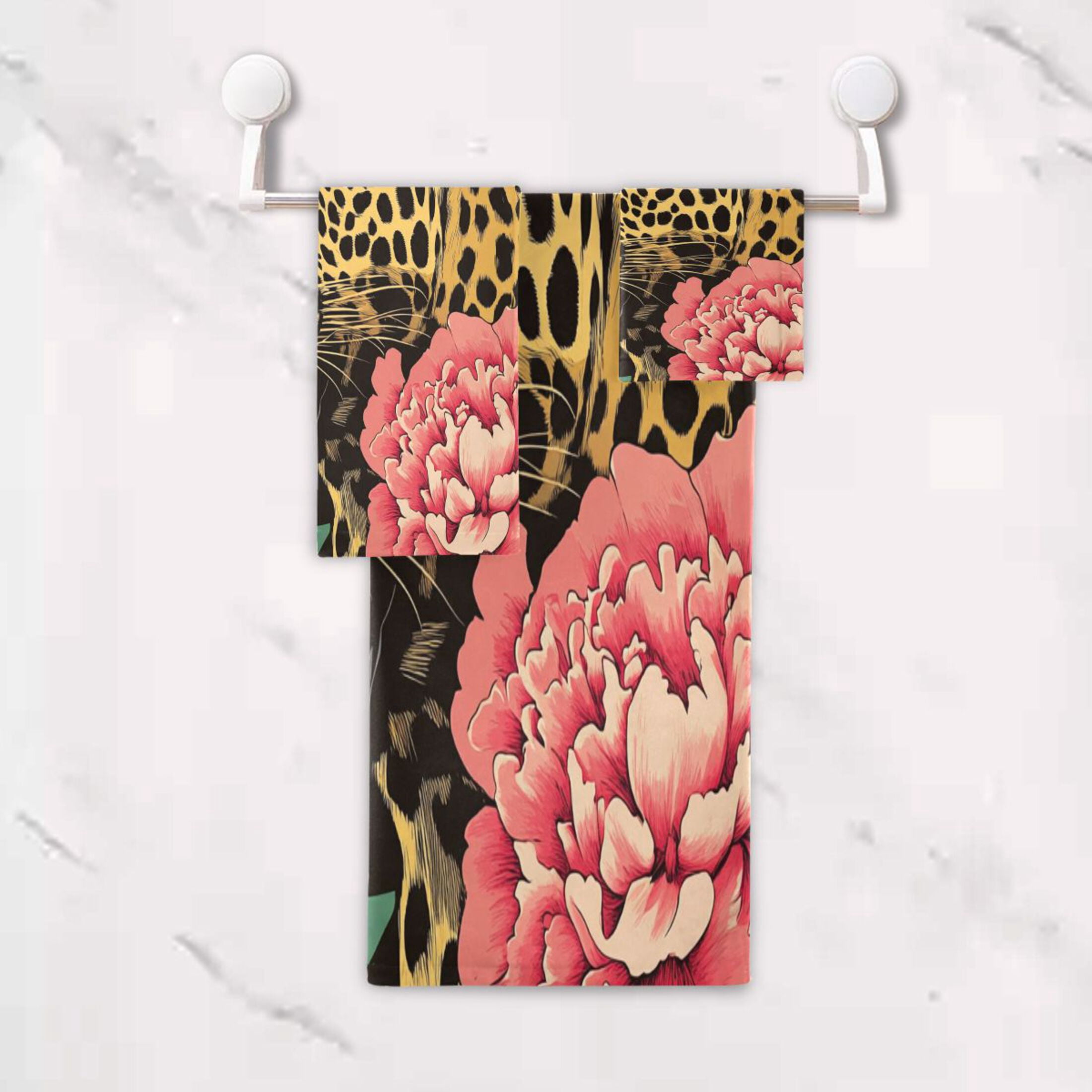 BZSMCE 3piece Bath Towel Sets Hand Bath Towels Fashion Leopard & Flowers Printed Towel Sets