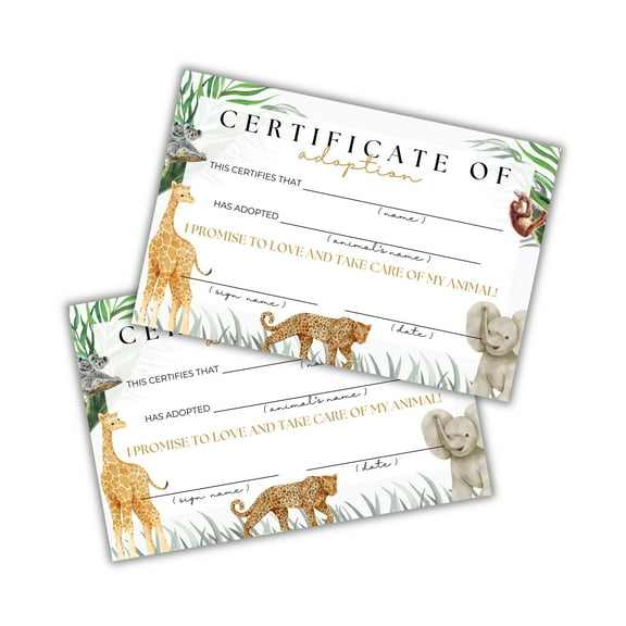 Lashicorn Wild Animal Adoption Certificate  30pk 4x6 Template Stuffed Animal Exotic Birthday Party Zoo Horse Cow Dog Cat Adopt Kids Favor Theme