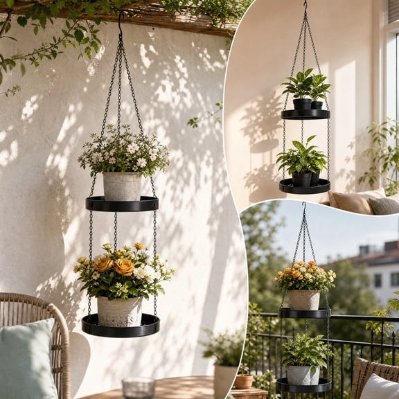 Black Iron Double-Tier Hanging Planter Stand with Self-Watering Basket for Indoor Balcony