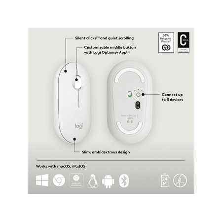 Logitech - Pebble Mouse 2 M350s Slim Lightweight Wireless Silent Ambidextrous Mouse with Customizable Buttons - Off-White