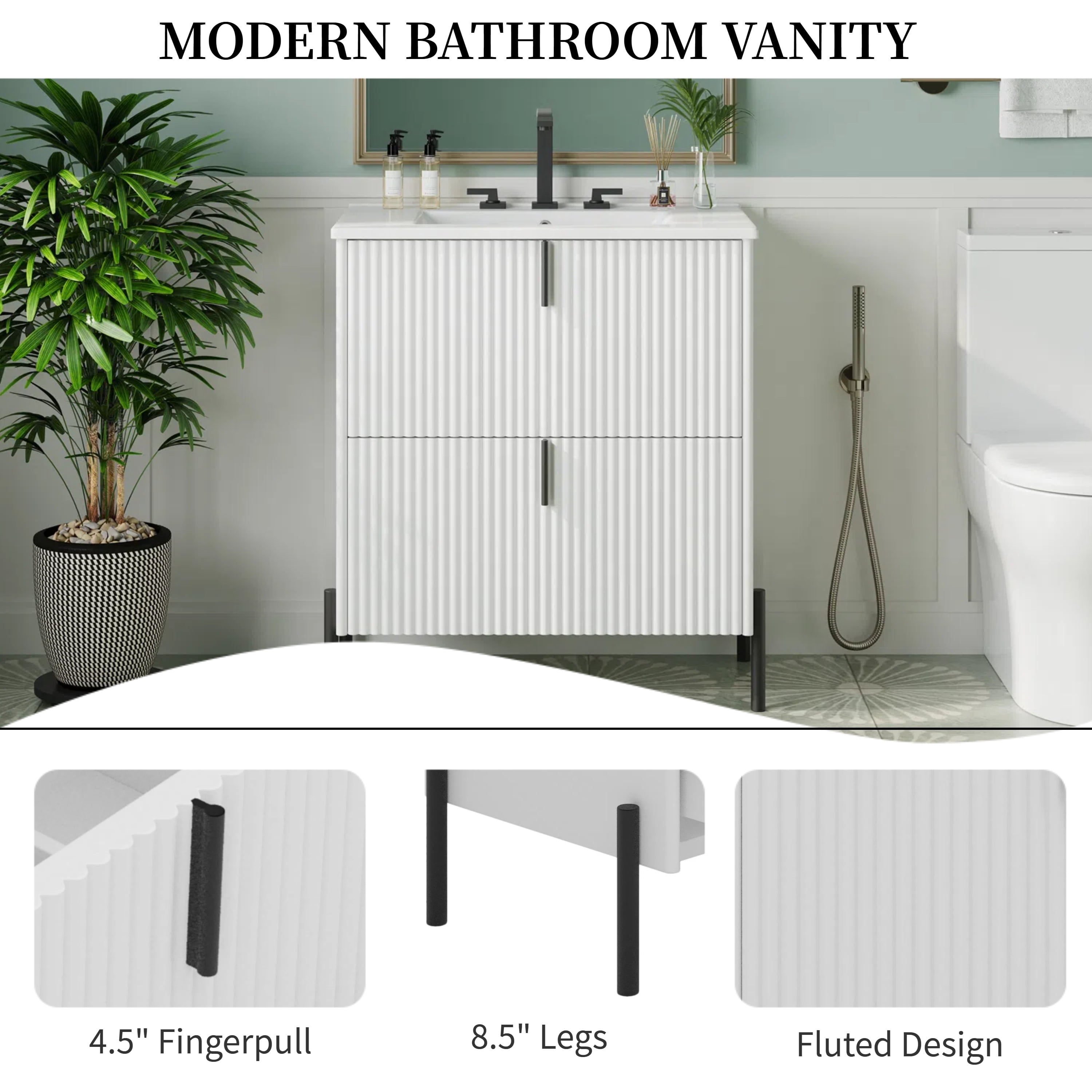 30" Fluted Design Modern Freestanding Vanity Cabinet, Modern Bathroom Cabinet with Soft Close Drawers, Freestanding Vanity with Ceramic Sink for Bathroom, White